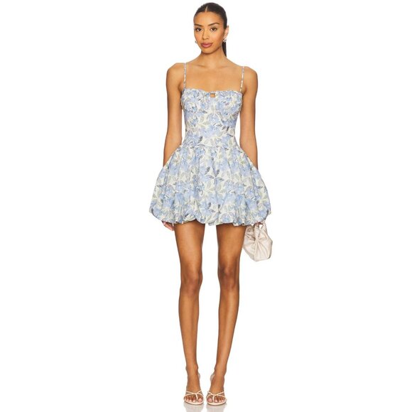 ASTR the Label Larissa Floral Bubble Mini Dress Corset Blue White Medium - Picture 4 of 16